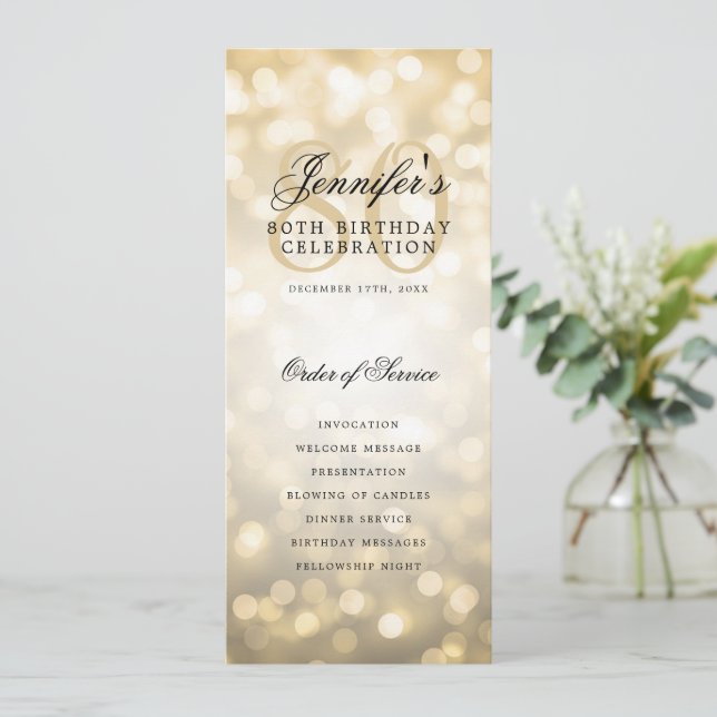Elegant 80-årsfestprogram med guld Bokeh Inbjudningar (Stående Fram)