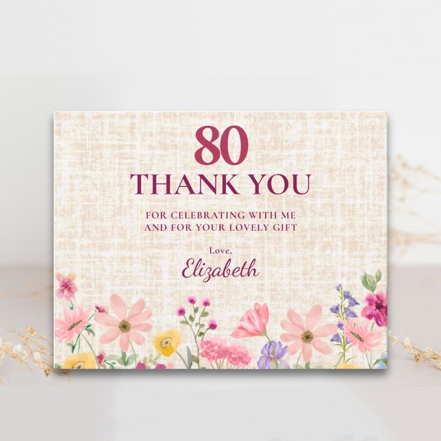 Elegant 80-årsfirande för henne - Linneblomma Tack Kort (Skapare uppladdad)
