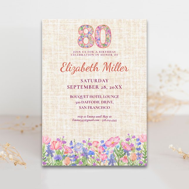 Elegant 80-årsfirande för henne - Rosa blommor Inbjudningar (Skapare uppladdad)