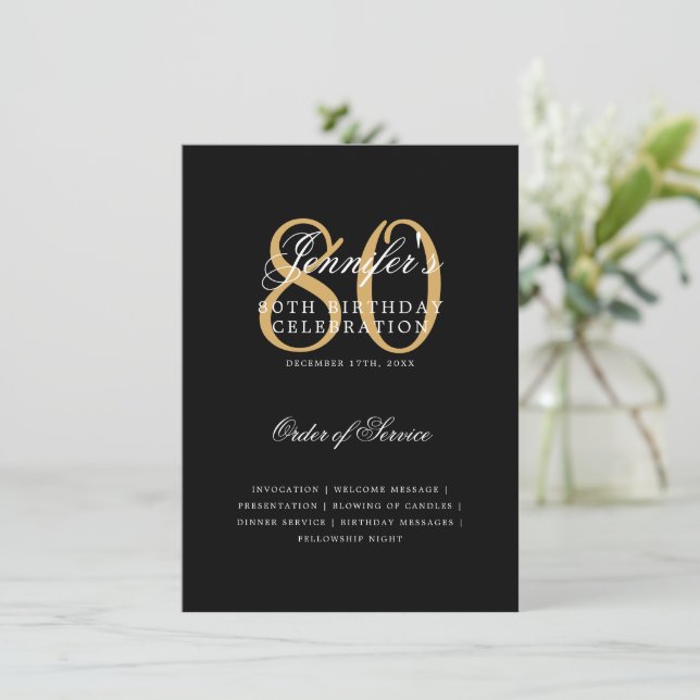 Elegant 80-årsfirande Program Guld Svart med meny (Stående Fram)