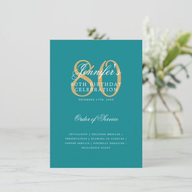 Elegant 80-årsfirande Program Guld Turkos Meny (Stående Fram)