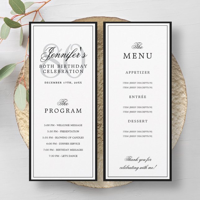 Elegant 80-årsfirande Program + Meny  (Elegant 80th Birthday Party Program + Menu )