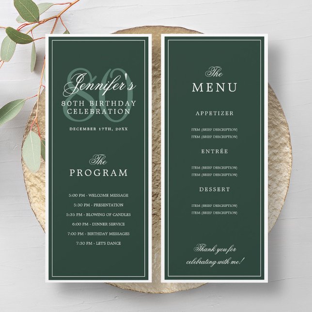 Elegant 80-årsfirande Program Meny Grön  (Elegant 80th Birthday Party Program Menu Green )