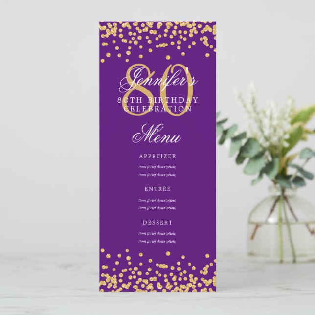 Elegant 80:e födelsedag Menu Guld Lila Confetti Inbjudningar (Stående Fram)