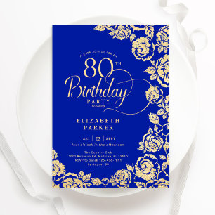 Elegant 80:e födelsedag Royalet Blue Guld Ro Inbjudningar