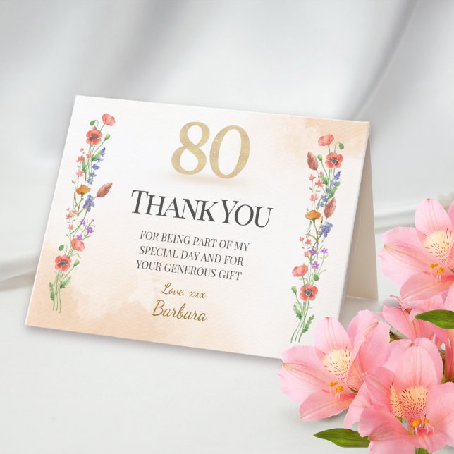 Elegant 80:e födelsedagen - 80 år Wildblommor Tack Kort (Skapare uppladdad)
