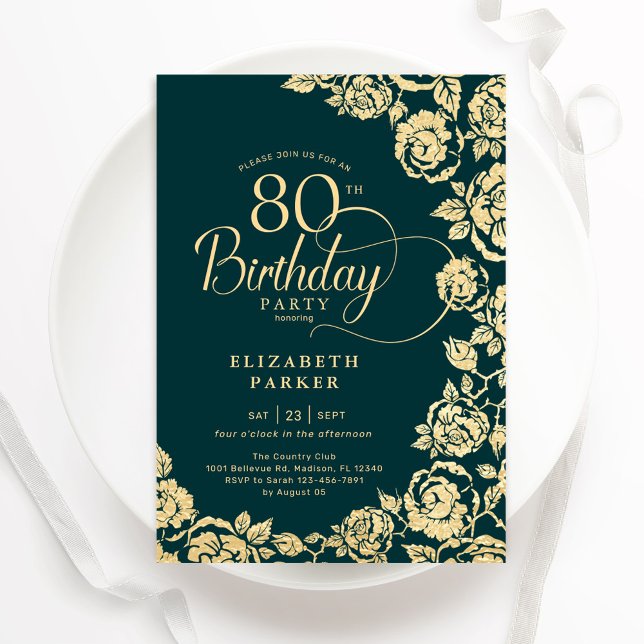 Elegant 80:e födelsedagen Emerald Grönt Guld Ro Inbjudningar (Skapare uppladdad)