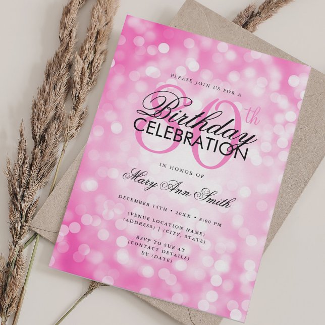 Elegant 80:e födelsedagen Glam Rosa Hett Shimmer L Inbjudningar (Elegant 80th Birthday Glam Pink Hot Shimmer Light Invitation)