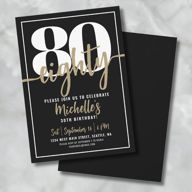 Elegant 80:e Födelsedagsfesten Guld Inbjudningar (Black Gold 80th Birthday Party Invitation)