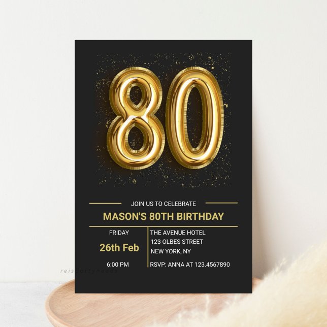 Elegant 80:e Födelsedagsfesten Svarta Guld Inbjudningar (Editable 80th Birthday Invitation, Gold and Black, Elegant Eighty Invitation, Glitter Sparkle, 80 Ye)