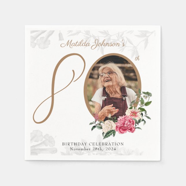 Elegant 80:e Födelsedagsfestens Blommigt Botaniskt Pappersservett (Framsidan)