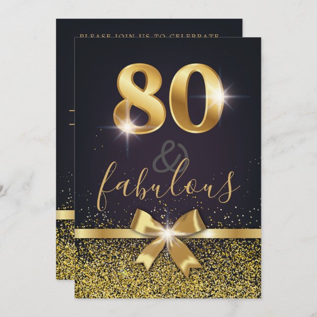 Elegant 80 & Fabulous Guld Glitter 80:e födelsedag Inbjudningar (Fram/baksida)