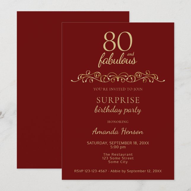 Elegant 80 och Fabulous Ornament 80 Birthday Inbjudningar (Fram/baksida)