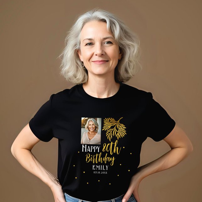 Elegant 80th Birthday Gold Foliage Photo Party T Shirt (Skapare uppladdad)