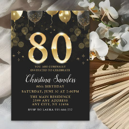 Elegant 80th Birthday Invitation with Gold Ballons Inbjudningar