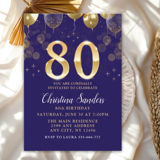 Elegant 80th Birthday Invitation with Gold Ballons Inbjudningar (Skapare uppladdad)