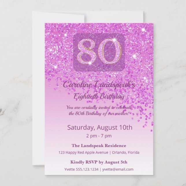 Elegant 80th Birthday Pink Glitter  Inbjudningar (Framsida)