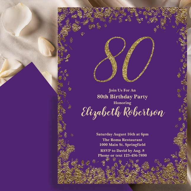 Elegant 80th Purple Birthday Invitation Gold  Inbjudningar (Skapare uppladdad)