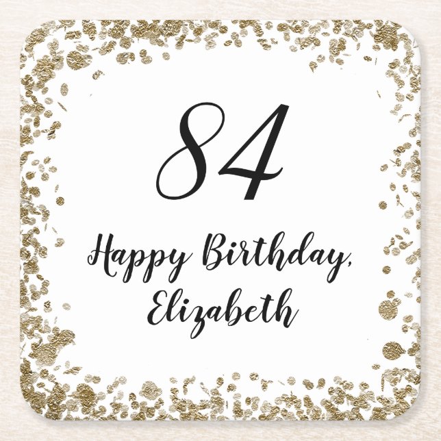 Elegant 84th Birthday Coasters With Gold Sequins Underlägg Papper Kvadrat (Framsidan)
