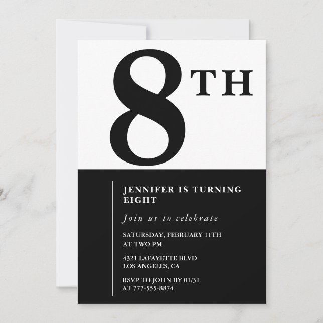 Elegant 8-års födelsedagsinbjudan Svart Chic Tjej Inbjudningar (Framsida)