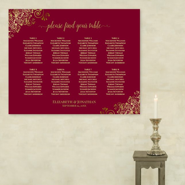 Elegant 8 Bord Guld & Burgundy Sittdiagram Poster (On Wall)