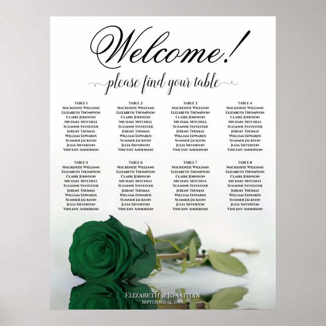 Elegant 8 Bordsmärke Smaragdgrön Ros Platskarta Poster (Framsidan)