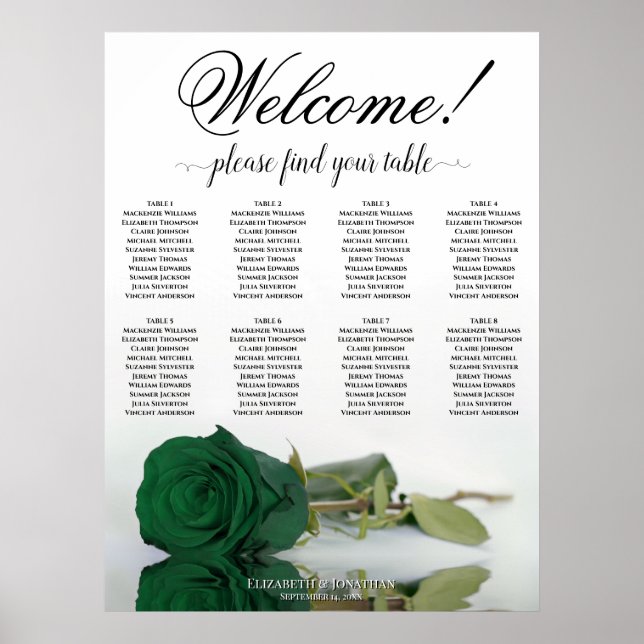 Elegant 8 bordsmärkning med smaragdgrön ros poster (Framsidan)