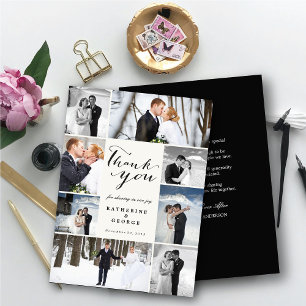 Elegant 8-Photo Bröllop Collage med skripttext Tack Kort