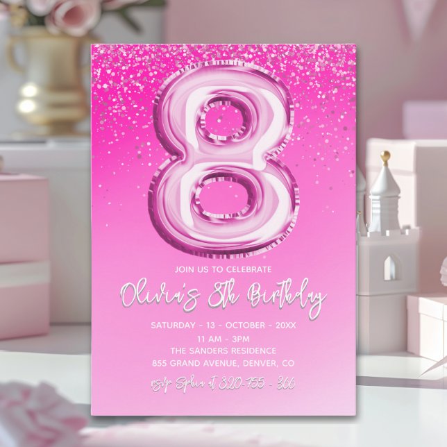 Elegant 8th Birthday Pink Number Balloon Inbjudningar (Skapare uppladdad)