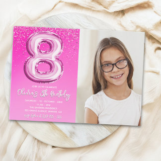 Elegant 8th Birthday Pink Number Balloon with phot Inbjudningar