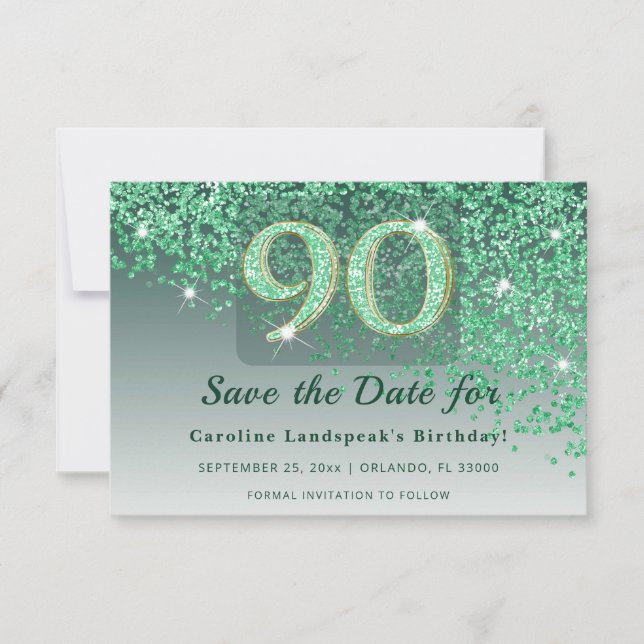 Elegant 90-års födelsedag Grön Glitter Frostad Spara Datumet (Framsida)