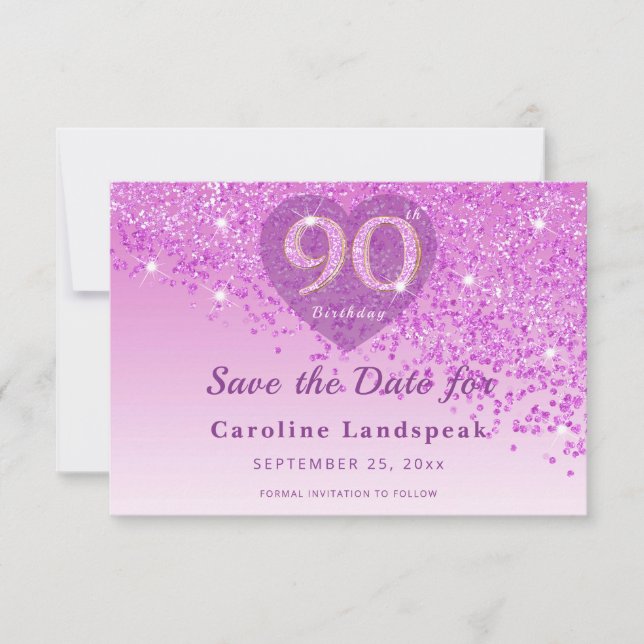 Elegant 90-års födelsedag Rosa glitter frostad hjä Spara Datumet (Framsida)