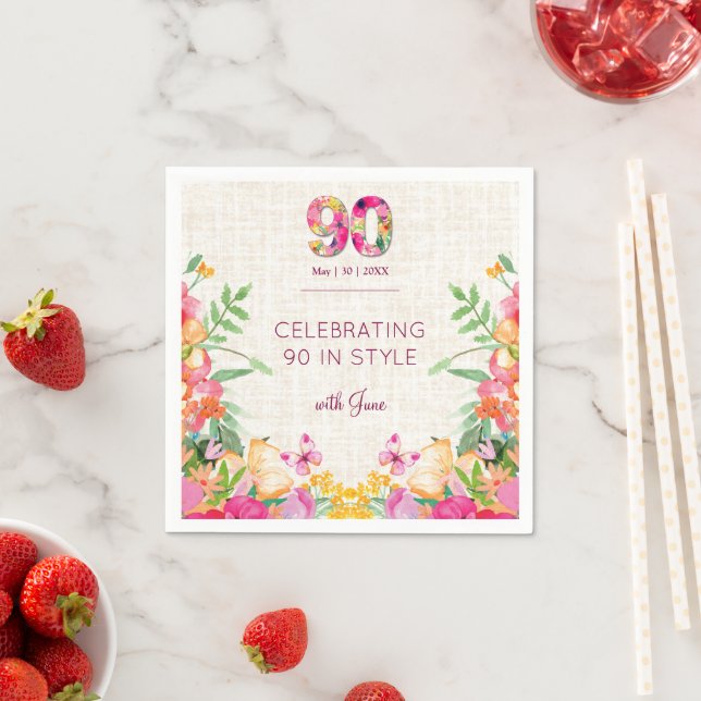 Elegant 90-års födelsedagsblommig linnefestdekor pappersservett (Insitu)