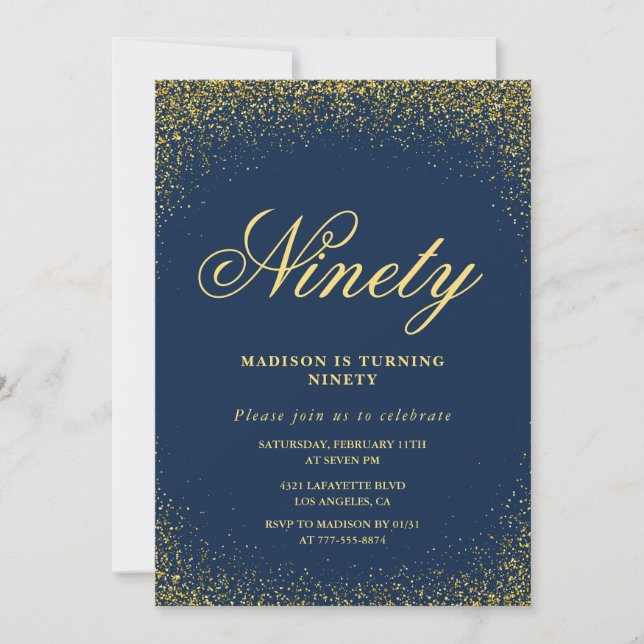 Elegant 90-års födelsedagsinbjudan Guld Navy Glam Inbjudningar (Framsida)