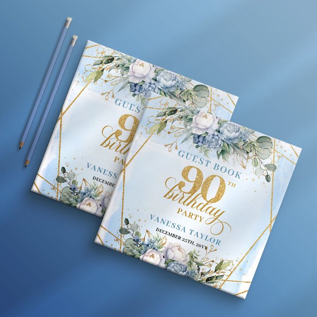 Elegant 90-årsdag Dusty Blue Greenery Ram  Gästböcker (Elegant 90th Birthday Dusty Blue Greenery Frame Guest Book

)