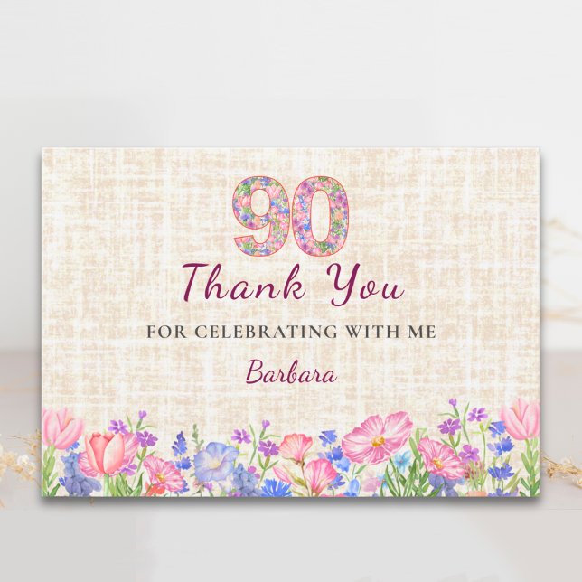 Elegant 90-årsdag för henne - Rosa blommor Tack Kort (Skapare uppladdad)