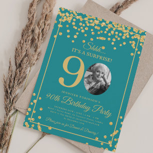 Elegant 90-årsdag Guld Konfetti Turkos Inbjudningar