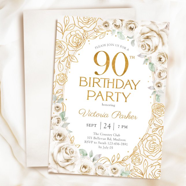 Elegant 90-årsdag Kräm Guld Blommig Inbjudningar (Skapare uppladdad)