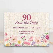 Elegant 90-årsdag Linen Blommig Save the Date