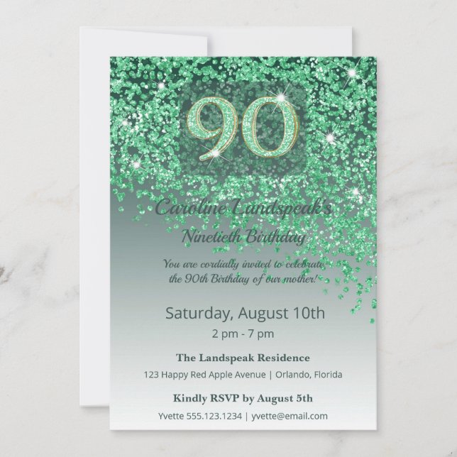Elegant 90-årsdag Smaragdgrön glitter  Inbjudningar (Framsida)
