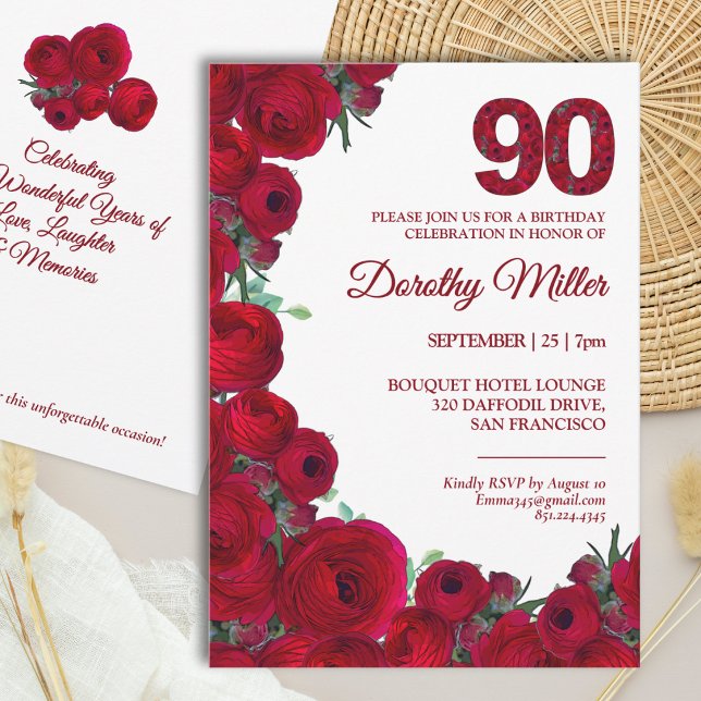 Elegant 90-årsfest - Djärva röda ranunculusblommor Inbjudningar (Skapare uppladdad)
