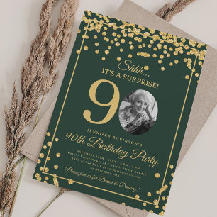 Elegant 90-årsfest Guld Konfetti Grön Inbjudningar