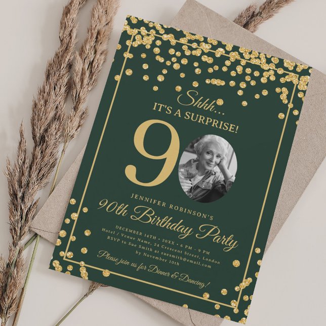 Elegant 90-årsfest Guld Konfetti Grön  Inbjudningar (Elegant 90th Birthday Party Gold Confetti Green Invitation)