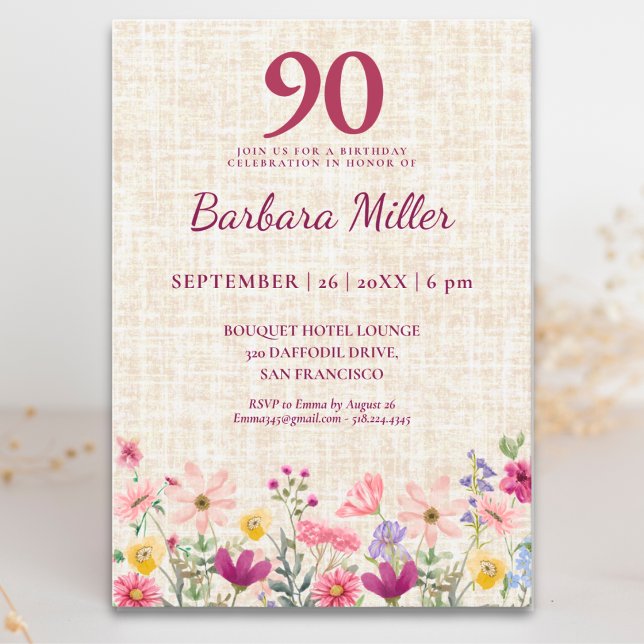 Elegant 90-årsfirande för henne - Linneblomma Inbjudningar (Skapare uppladdad)