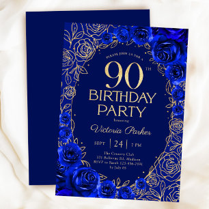 Elegant 90-årsfirande Royal Blå Guld Blommig Inbjudningar