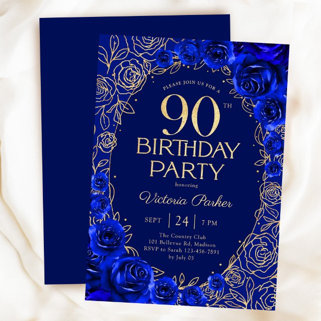 Elegant 90-årsfirande Royal Blå Guld Blommig Inbjudningar (Skapare uppladdad)
