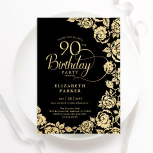 Elegant 90:e födelsedag Svarta Guld Ro Inbjudningar