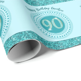 Elegant 90:e födelsedagen Teal Blue Glitter & Rand Presentpapper