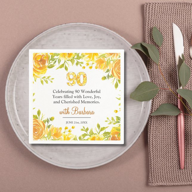 Elegant 90:e Födelsedagsfest - Gul ros Decor Pappersservett (Skapare uppladdad)