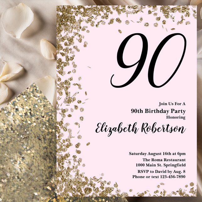 Elegant 90:e födelsedagsinbjudan Rosa Guld Sequins Inbjudningar (Skapare uppladdad)